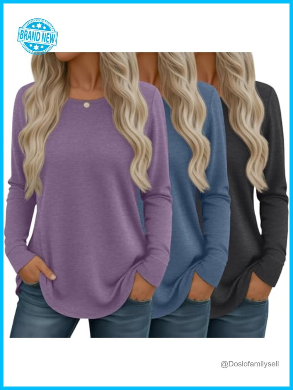 3 Pack Women Long Sleeve Tunic Tops Loose Fit Crew Neck Casual Tees